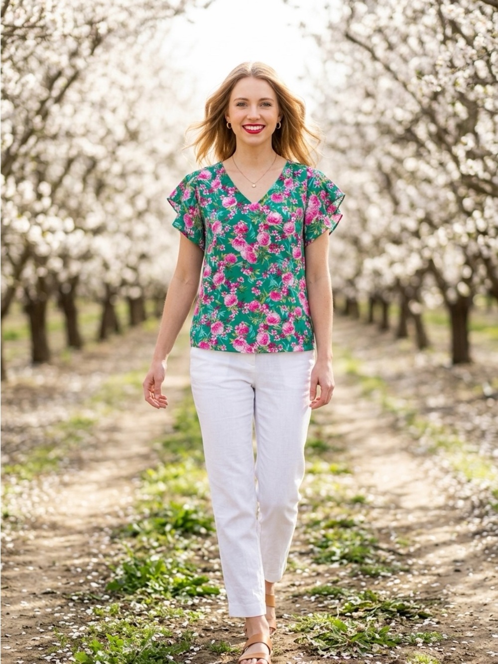 Counterparts Top Women Small Green Pink Floral Flutter Sleeve Blouse $48
